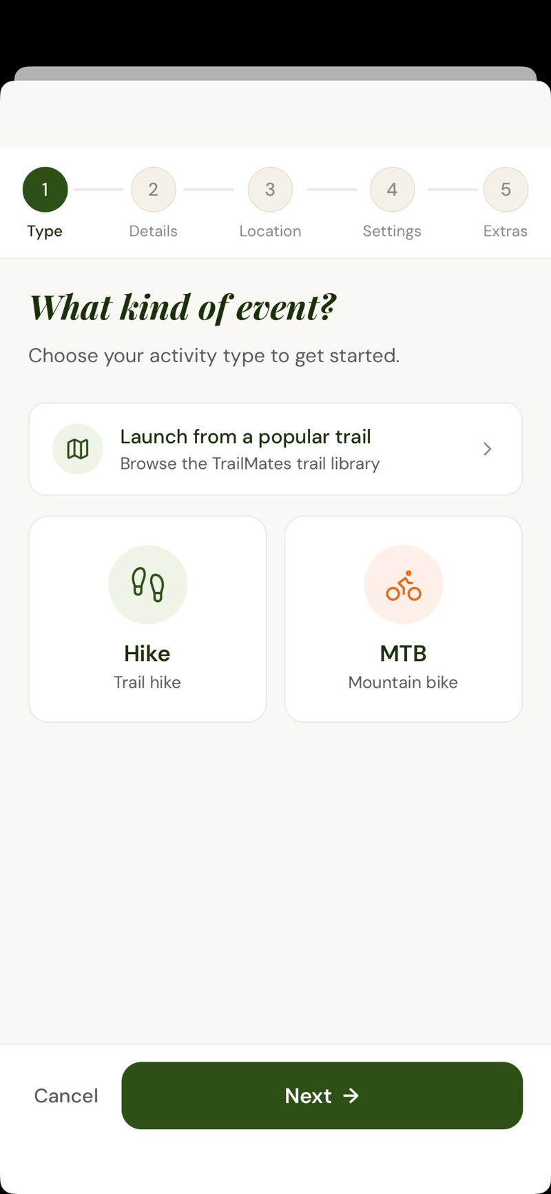 Create event screen with hike and MTB options