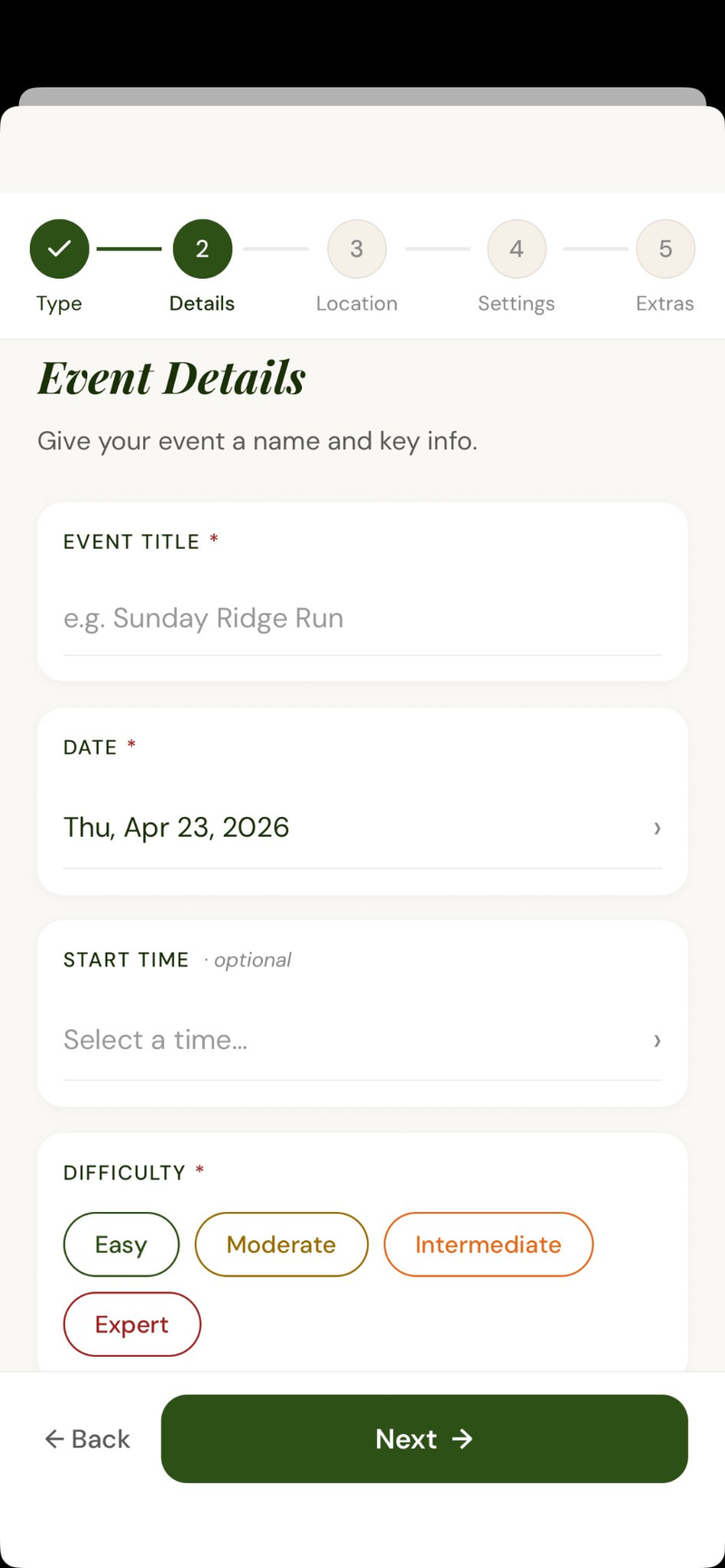 Event details screen with title, date, and difficulty fields