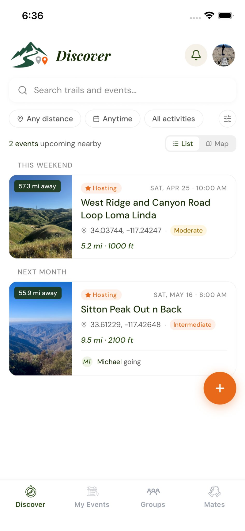TrailMates Discover screen showing nearby trail events