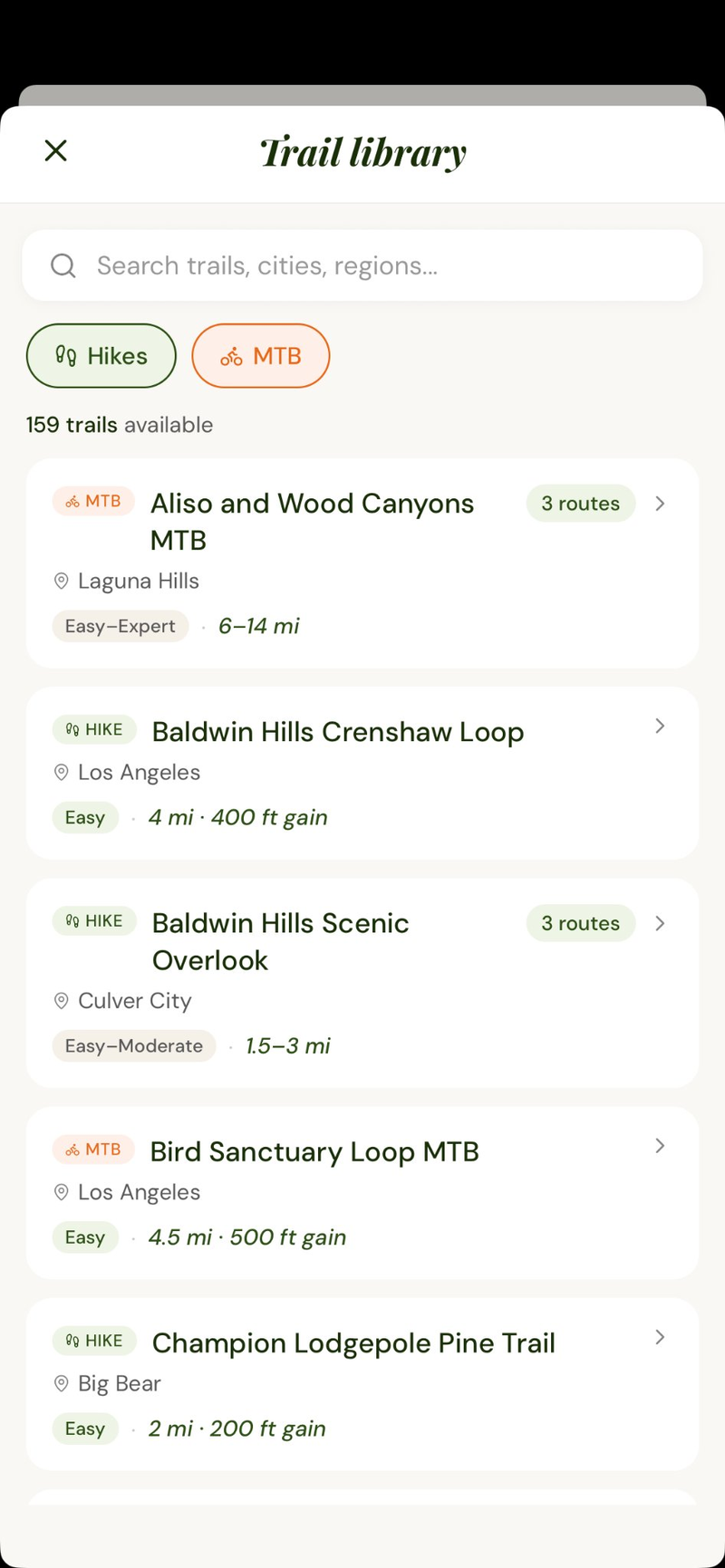 Trail Library screen showing 159 trails available