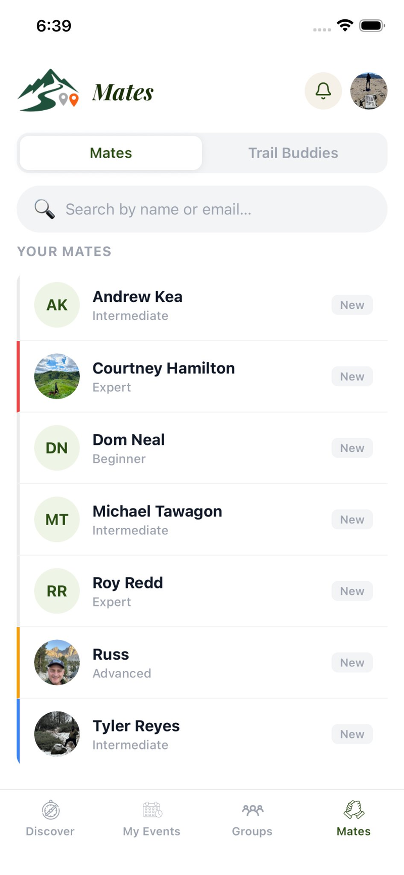 Mates screen showing list of trail buddies