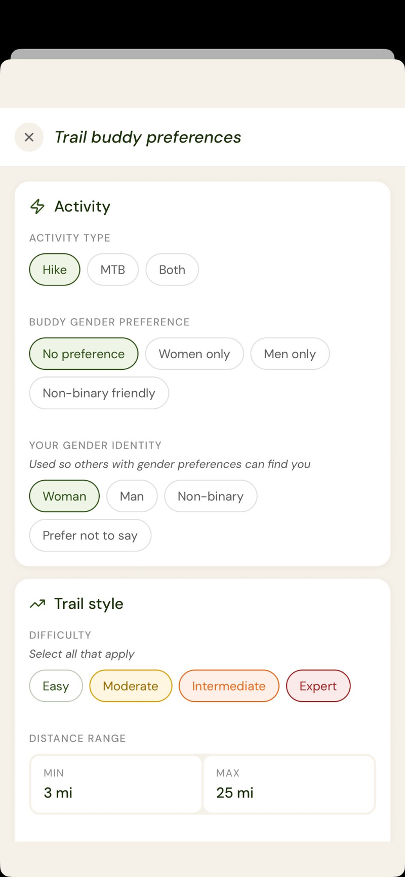 Trail buddy preferences screen with activity and gender filters